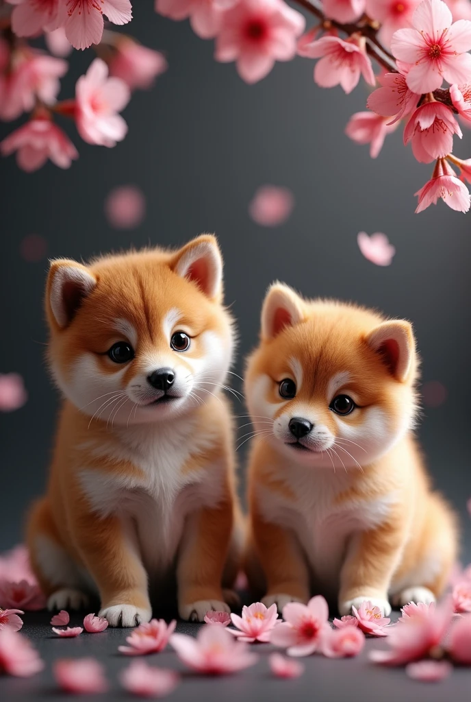 A captivating and surreal photographgraph of a cute extra fluffy two baby 柴犬 rendering of ソメイヨシノ, Dark Background. feather, Bright colors, The background provides sharp contrast、Engage your audience'Note., photograph, 3D Rendering, Conceptual Art
