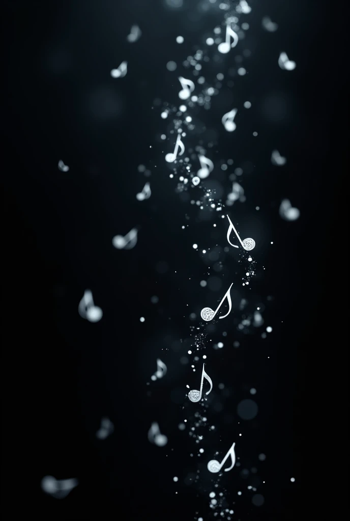 create an image full of scattered musical notes and a black background and the notes have to be white and have to be over the entire image