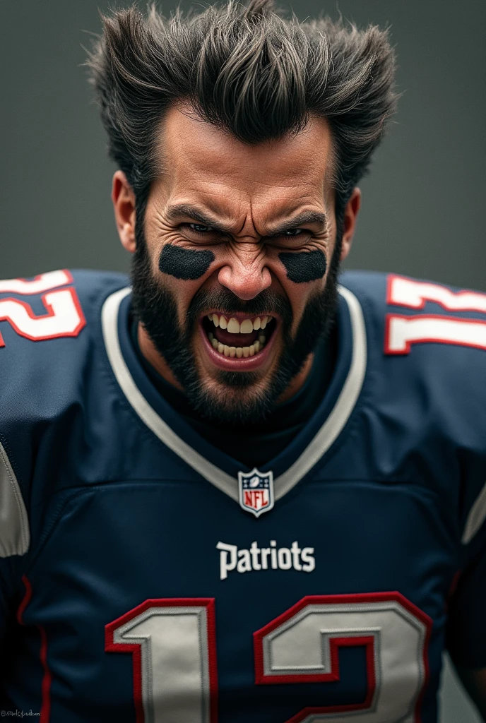 Profile picture of a young Logan Wolverine, furious, in a New England Patriots jersey suit #12
