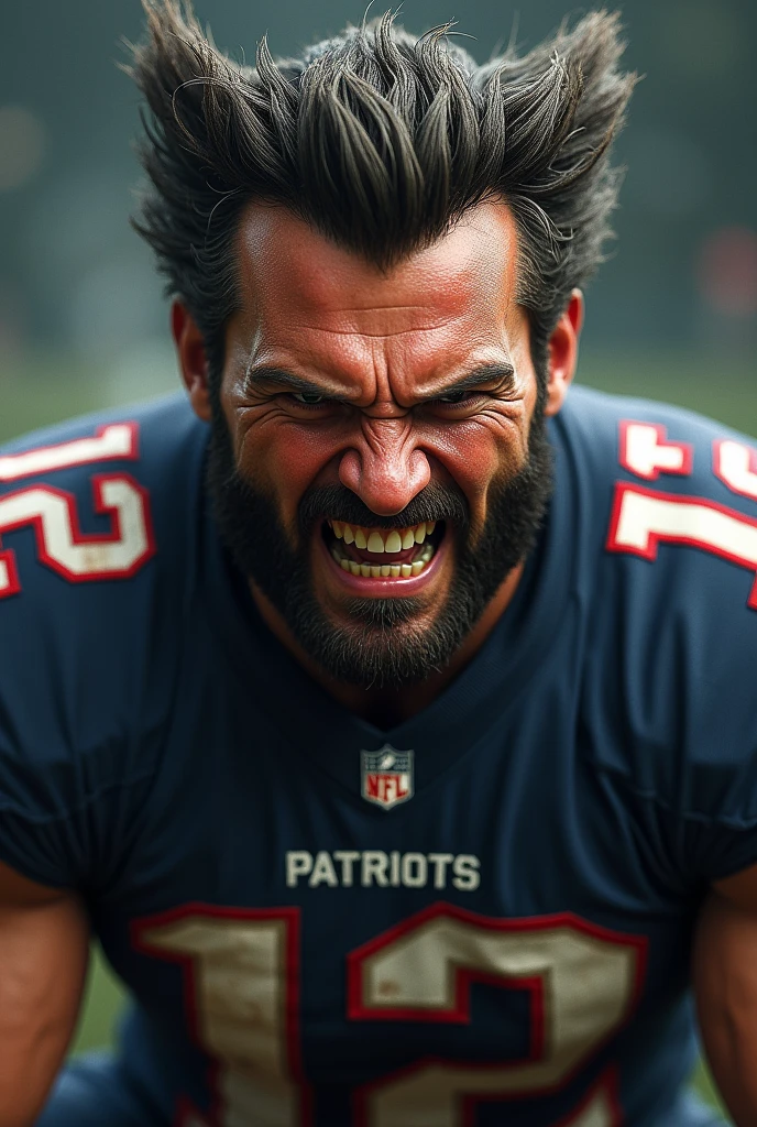 Profile picture of a young Logan Wolverine, furious, in a New England Patriots jersey suit #12