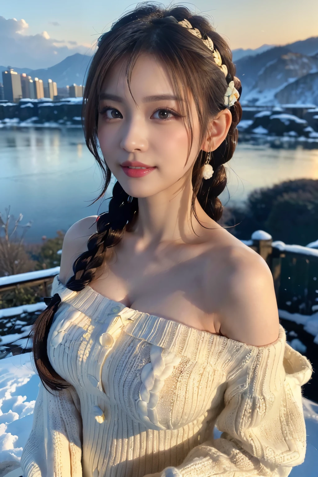 (Make your subject look three-dimensional with the contrast of light and shadow),(((With the sunset in the background))),(((standing on a snowy mountain in winter:1.3))),cute and beautiful adult woman,cute smile,with blushing cheeks,red lips,(((Off-white off-shoulder knit jumper dress:1.3))),black stockings,Knee-high boots,(silvery hair,floral braided headband,half up、floral braided space bun,voluminous fishtail braid,Twisted pan,),(The bangs are see-through bangs),hairpin,hair ornaments,(((emphasize the chest:1.3))),Breast flick,Detailed clothing characteristics,Detailed characteristics of hair,detailed facial features,(dynamic angle),(dynamic and sexy pose),professional lighting,cinematic light,(highest quality,Ultra high resolution output image,) ,(8K quality,Depth of the bounds written,Anatomically accurate facial structure,),(sea art 2 mode:1.3),(Image mode Ultra HD,),(3D Realistic Photography:1.3)