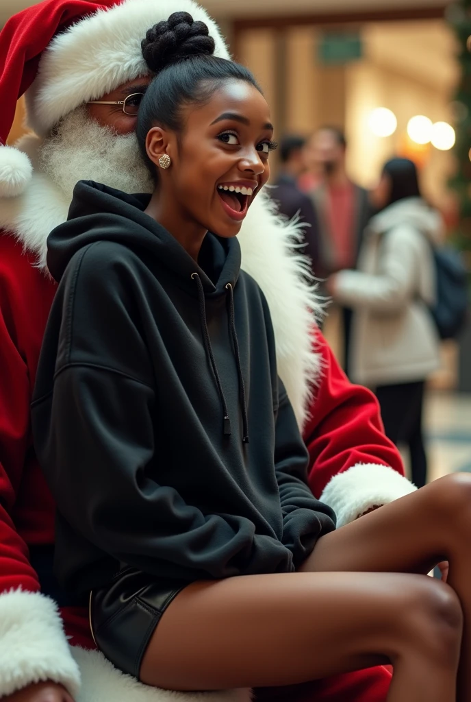 black woman hair in a bun black hoodie black leather short shorts excited look on her face with eyes really big and wide open setting on santa claus lap at the mall side shot