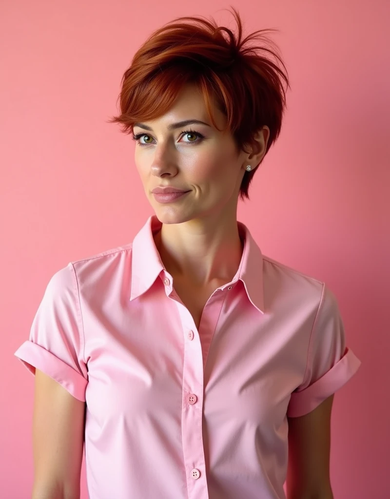 Realistic photos, 45 years witch of medium height, around 1.65 meters tall, with a fit and athletic build. In general, she wears pink shirt classic style with a mix of practicality and eccentricity.
Her most distinctive feature is her hair, a complete dark brown red color. She has an oval-shaped face with well-defined features: a small, upturned nose, full lips, and large dark brown eyes. Her skin is very clear, without noticeable imperfections. Tonks usually keeps her short pixie haircut messy, reflecting her rebellious and carefree personality. In general, its appearance is middle age, dynamic and constantly changing. Pink background, sweet atmosphere