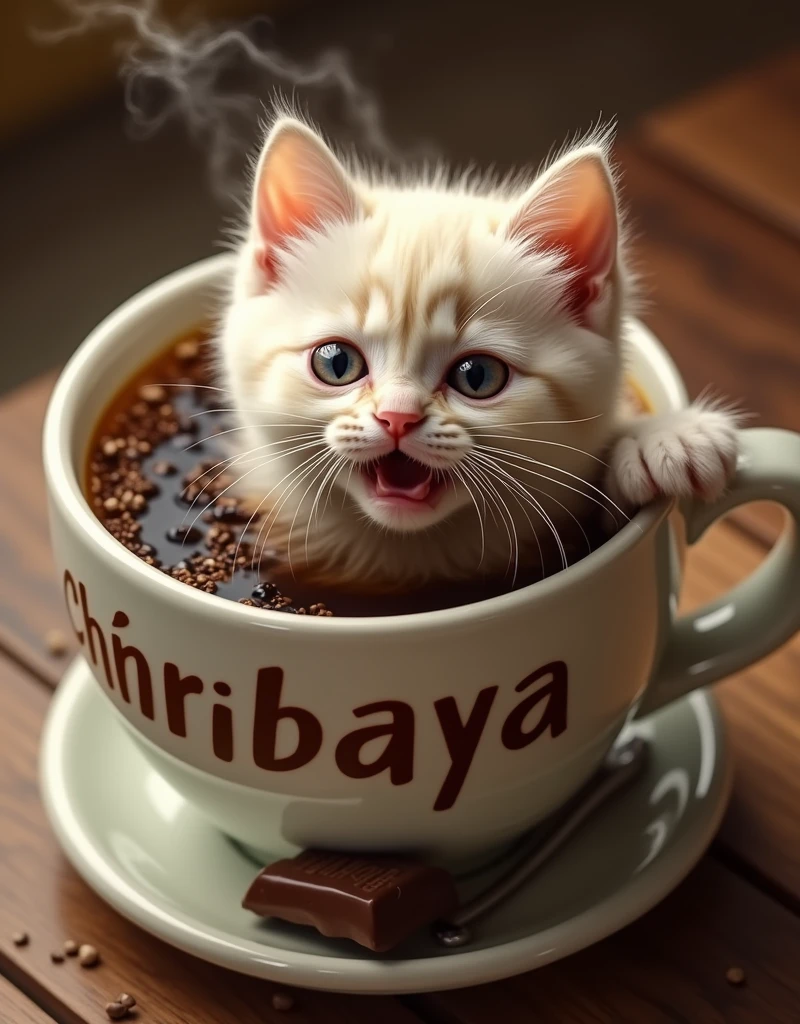 Fanciful image of a Birman kitten. scene: a cup of coffee with chocolate, the kitten is inside the coffee cup, trying to get out before drowning in the coffee, the kitten has features of terror and desperation when he thinks that he won't ask to get out, the cup has a name with text "CHIRIBAYA", full HD, 16k, aerial camera focus