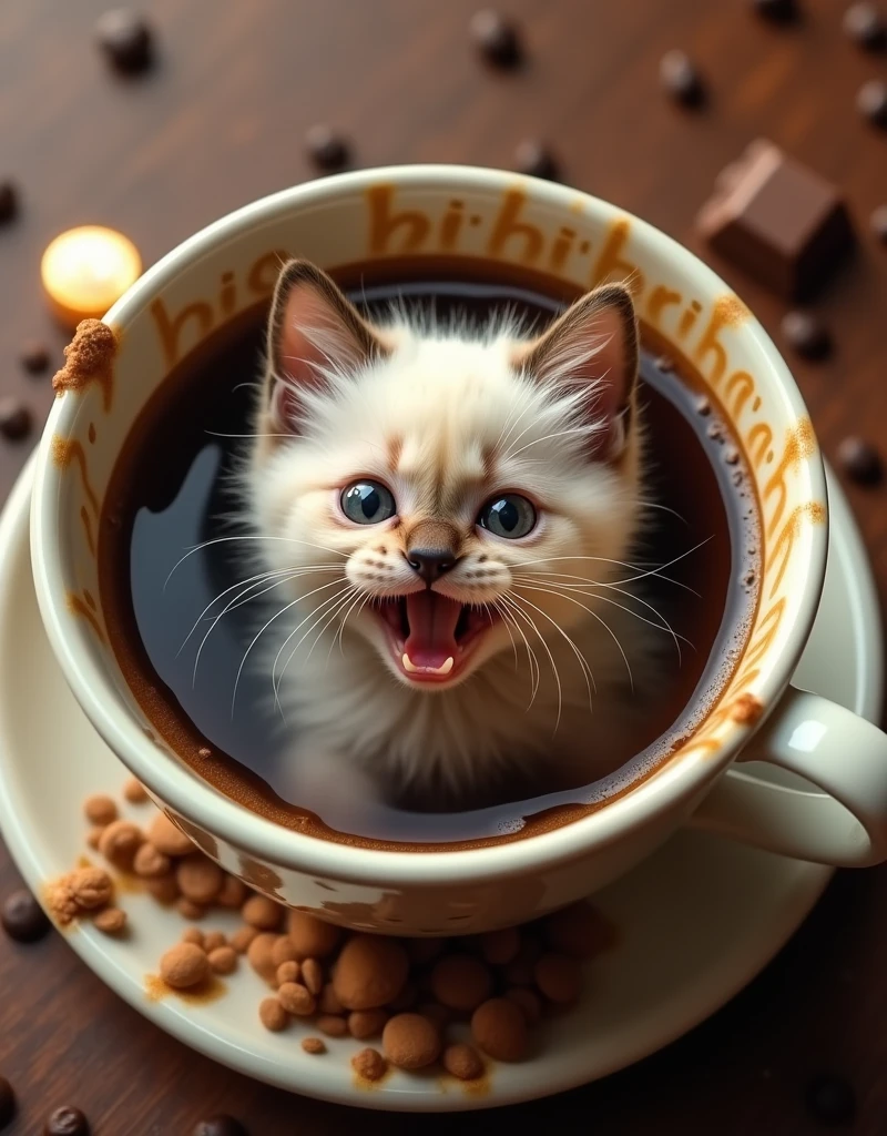 Fanciful image of a Birman kitten. scene: a cup of coffee with chocolate, the kitten is inside the coffee cup, trying to get out before drowning in the coffee, the kitten has features of terror and desperation when he thinks that he won't ask to get out, the cup has a name with text "CHIRIBAYA", full HD, 16k, aerial camera focus