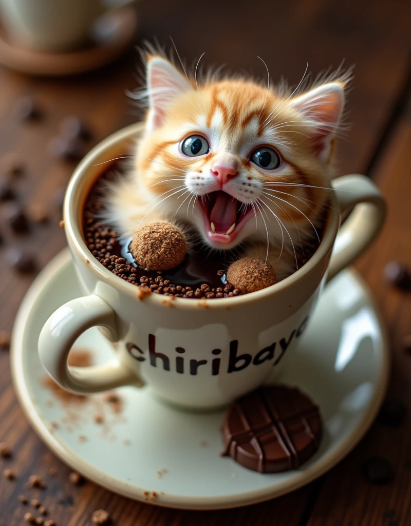 Fanciful image of a Birman kitten. scene: a cup of coffee with chocolate, the kitten is inside the coffee cup, trying to get out before drowning in the coffee, the kitten has features of terror and desperation when he thinks that he won't ask to get out, the cup has a name with text "CHIRIBAYA", full HD, 16k, aerial camera focus