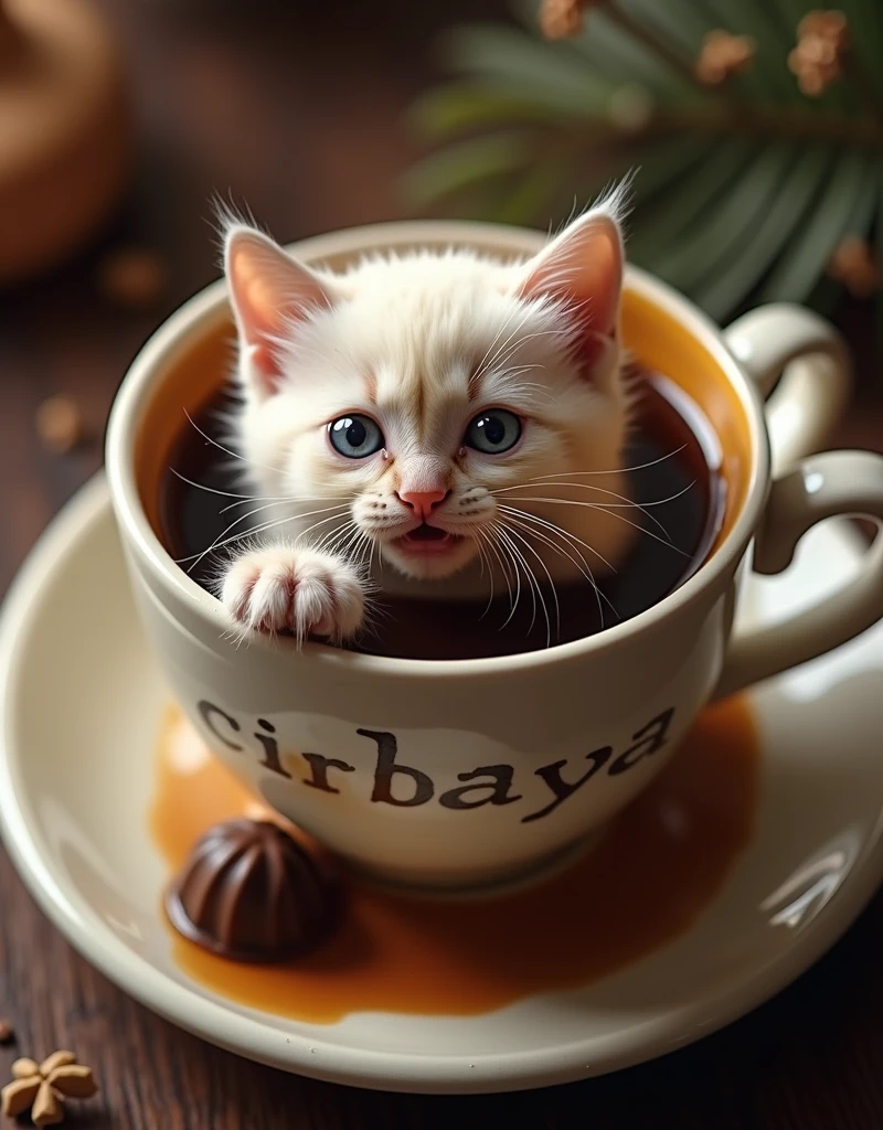 Fanciful image of a Birman kitten. scene: a cup of coffee with chocolate, the kitten is inside the coffee cup, trying to get out before drowning in the coffee, the kitten has features of terror and desperation when he thinks that he won't ask to get out, the cup has a name with text "CHIRIBAYA", full HD, 16k, aerial camera focus