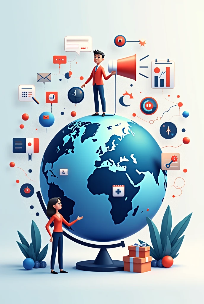 A globe surrounded by marketing-related icons, like a megaphone, social media graphics, product packaging, and trend charts. This can show the multifunctionality of the Global Brand Manager.