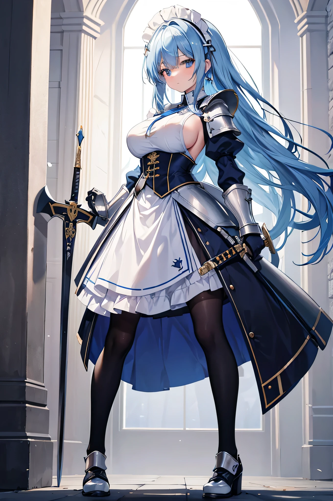 4K,High resolution,One Woman,Blue Hair,long hair,Huge boobs,maid,maid服,White plate armor,Heavy Armor,Full Armor,Black tights,White shoes,maidのカチューシャー,Jewelry decoration,Long sword,Medieval castle town