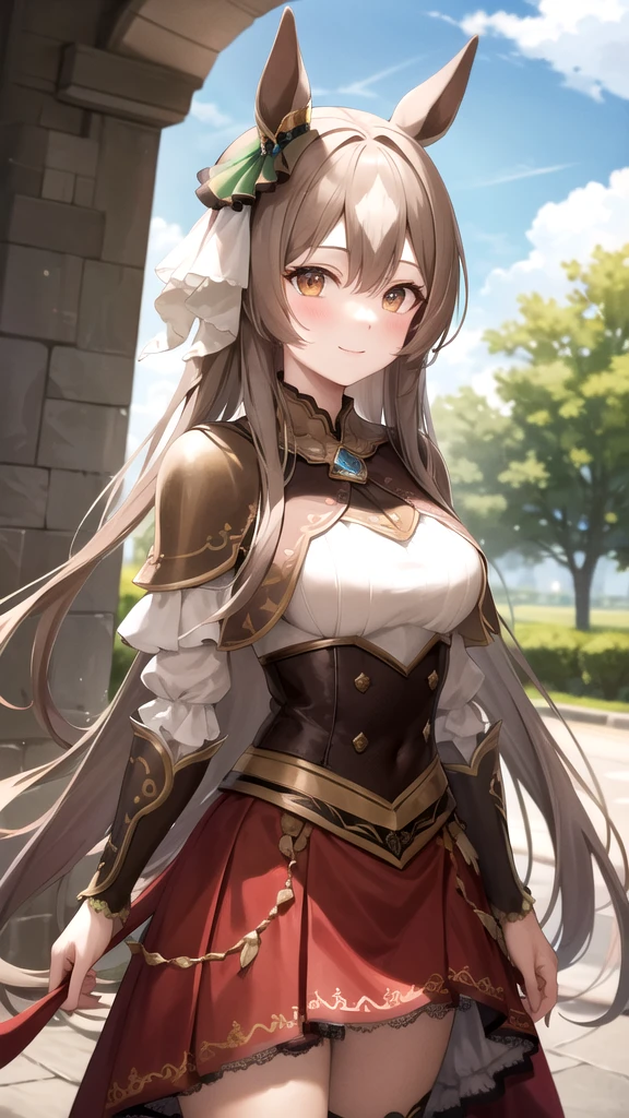 masterpiece, best quality, highres, {{8k}},
BREAK,
aasato, long hair, half updo, braid, hair between eyes, animal ears, ear ornament, medium breasts, plate armor, long red skirt, cowboy shot, shy smile, blush, cute, wide hips, busty,
BREAK,
outdoor, castle,