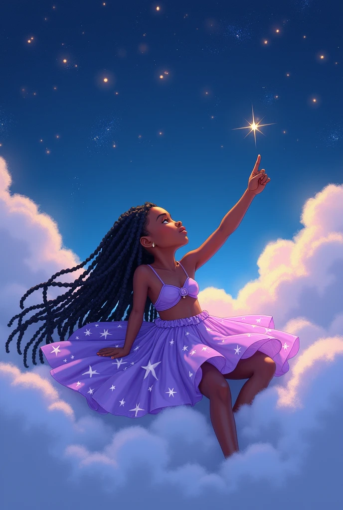 black girl sleeping on top of a cloud in the sky pointing at the stars with long black braids wearing a bikini dress with a lavender colored skirt with stars
