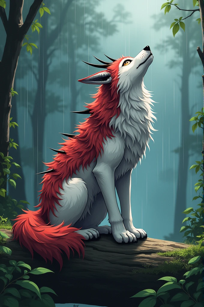 A white wolf looking at the sky while it rains. The wolf has a red coat with black spikes, a big fluffy tail, and is sitting on a log. The image is anime style.