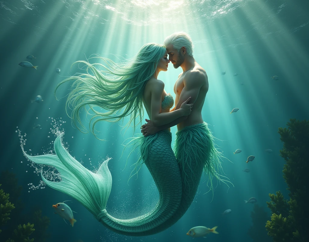 A woman Iara, mermaid in the sea with a beardless white-haired man.