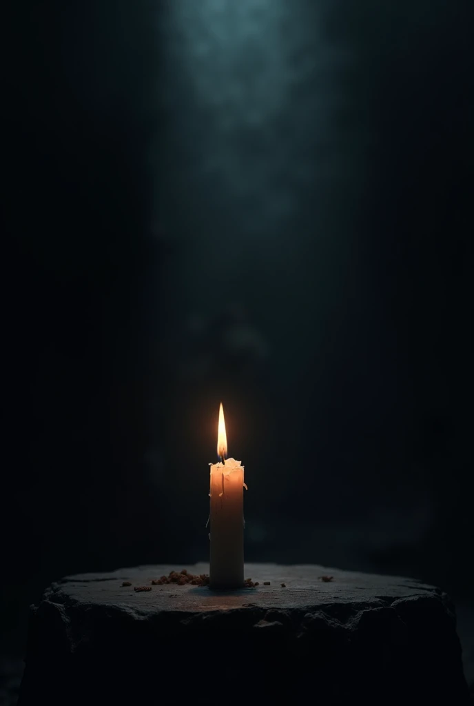 A place in complete darkness and a candle lit in the nothingness. The atmosphere has to be dark, It must be scary, terror