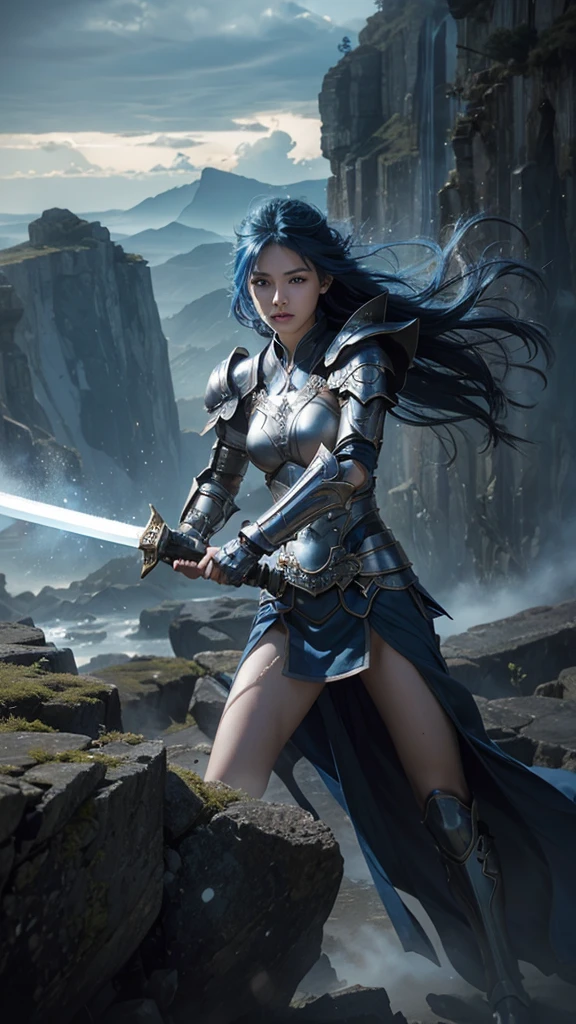 Woman warrior　Her hair is blue and long、With blue eyes、Wearing white, carved, mechanical armor。Lightning falling from the thunderclouds、Blocking the attack with a sword、A large dragon is looking at me from afar, holding a sword tightly in both hands.。Background、Cliffs along the coastline High resolution, Anatomically correct, Highest quality, High detail, Very detailed, Ultra high definition, Textured skin, accurate, Winner of numerous awards, 