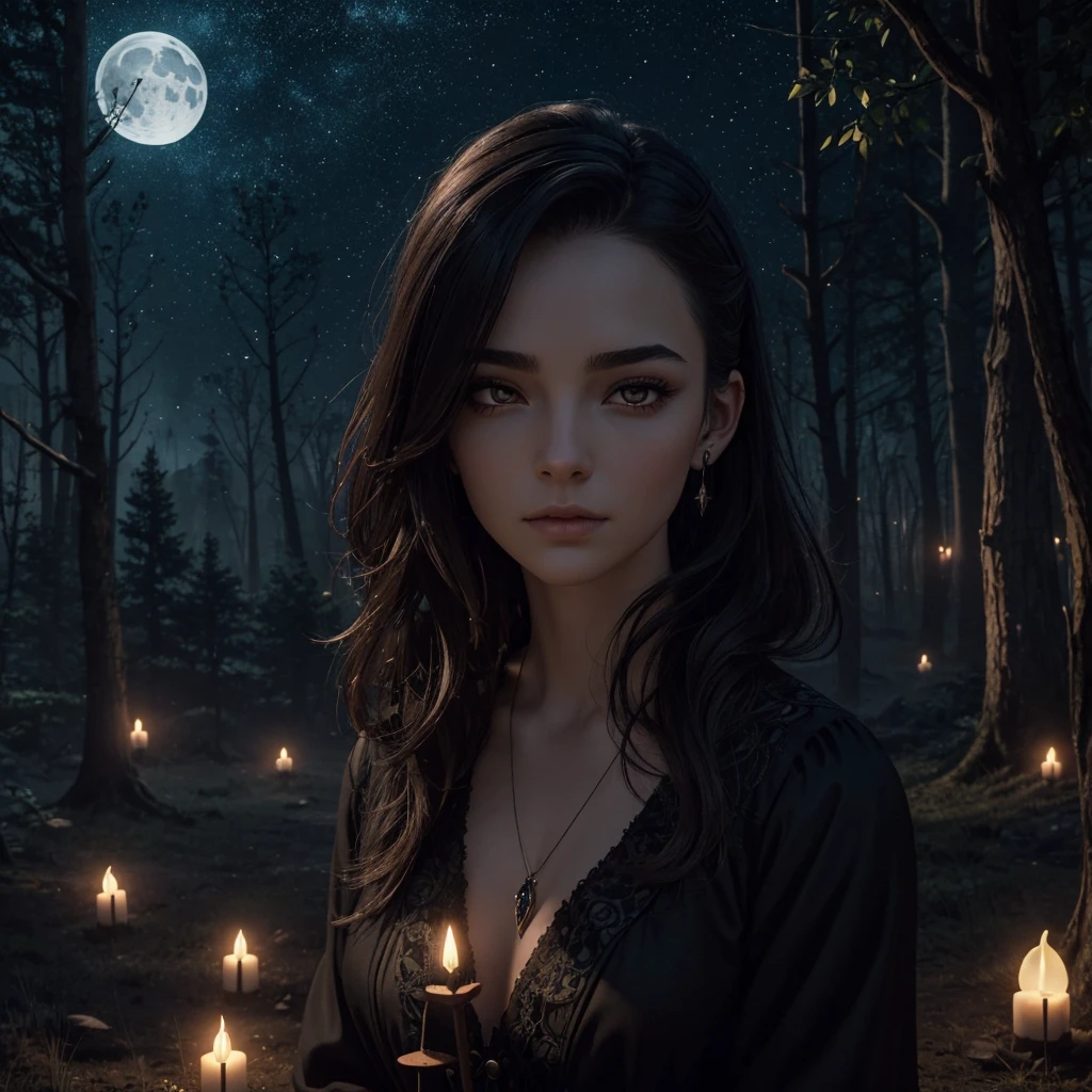 A beautiful witch with amber brown eyes, small slanted eyes, a small mouth, pale skin, a pixiecut shaved black hair, an eyebrow piercing, an ear piercing, sleeping in a nighttime forest, with an owl nearby, mushrooms scattered on the ground, a black cat, a starry sky with a waning moon, dark composition, dark illuminated, witch aesthetic, ethereal illuminated, intricate details, high quality, masterpiece, dark comic style, 8k resolution, ultra-detailed