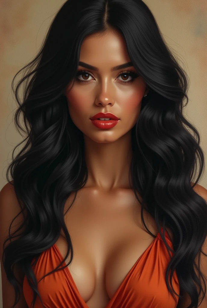 8k, Expect Raw, A beautiful woman, with long black and shiny hair, Cleopatra style, with brown eyes and enveloping, frontal photo, red and seductive lips, imposing woman, confident, a seductive queen, demonstrating what is most real in painting