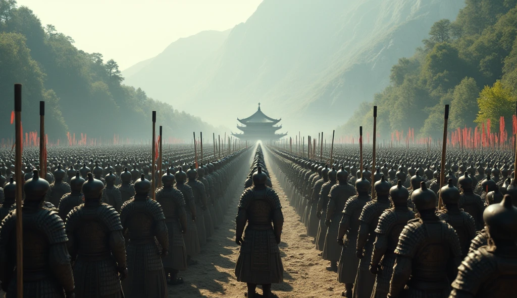 a massive army of Qin Shi Huang, the first emperor of China, detailed battle formation, soldiers in ancient Chinese armor, epic landscape with mountains and forests, cinematic lighting, muted color palette, dramatic shadows, highly detailed, photorealistic, 8k, best quality