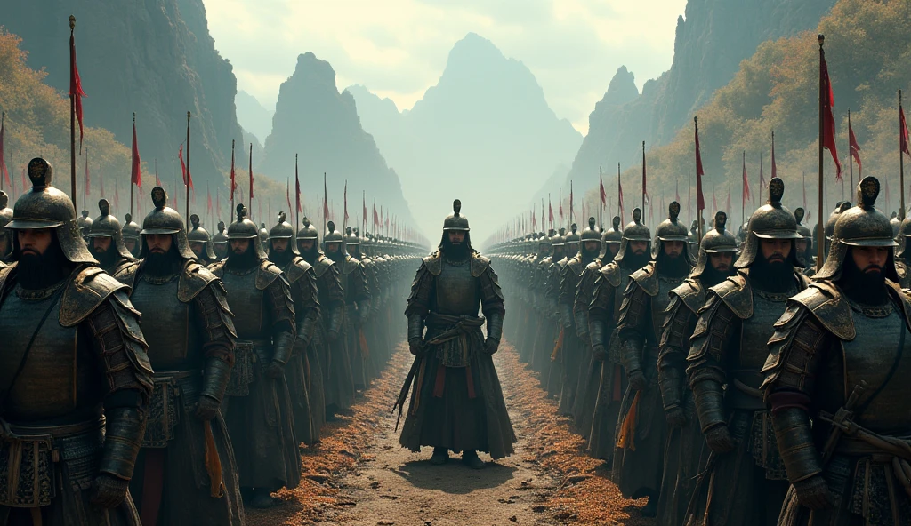 a massive army of Qin Shi Huang, the first emperor of China, detailed battle formation, soldiers in ancient Chinese armor, epic landscape with mountains and forests, cinematic lighting, muted color palette, dramatic shadows, highly detailed, photorealistic, 8k, best quality