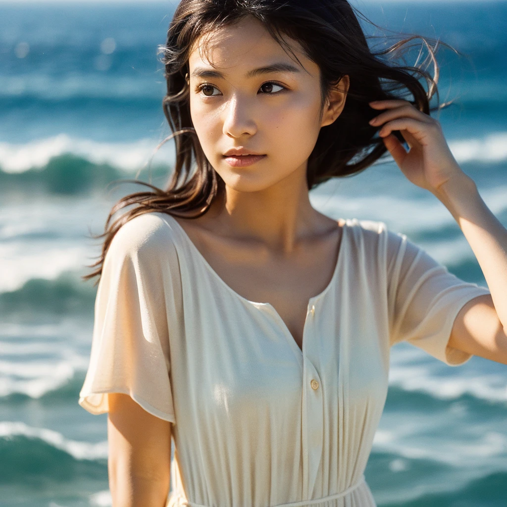 A hyper-realistic image of a single Japanese woman in her early 20s, standing by the seaside, captured with the nostalgic warmth and subtle graininess of a film camera. Her skin has a warm beige tone with a natural, slightly rough texture that includes visible pores, fine lines, and subtle imperfections such as small blemishes, adding to the authenticity of her appearance. The soft, diffused natural light of the setting sun enhances the film-like quality, casting gentle, warm shadows that create a timeless, organic feel. Her straight, glossy black hair is slightly tousled by the sea breeze, framing her face naturally. Her deep brown eyes reflect the ambient light, with the ocean's horizon in the background adding depth and emotion to the scene. The film camera effect introduces a slight grain and a softer focus, giving the image a warm, nostalgic atmosphere while maintaining the realistic texture of her skin. She is dressed in a simple, flowing dress that complements her natural beauty and suits the seaside setting. The overall composition is designed to evoke a sense of serene, understated elegance, capturing the imperfections that make her beauty truly lifelike, with the soothing presence of the sea as her backdrop.
