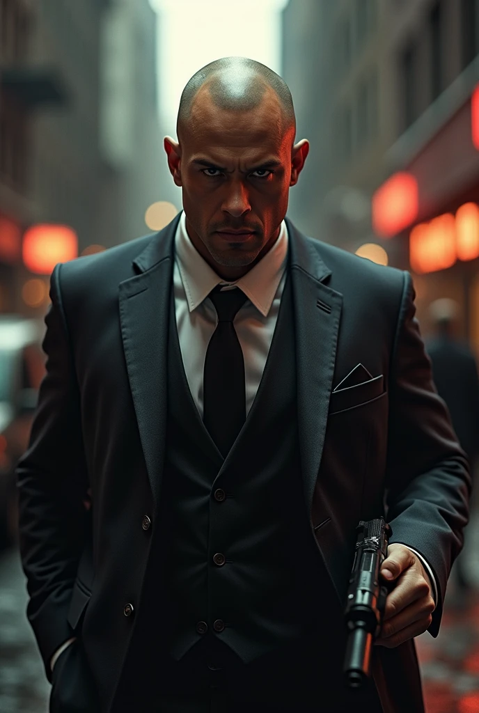 Gun in hand. Short brunette man with shaved hair. Wearing a suit. Mafia guy. Smoking like a realistic person in New York. Looks like he's in trouble