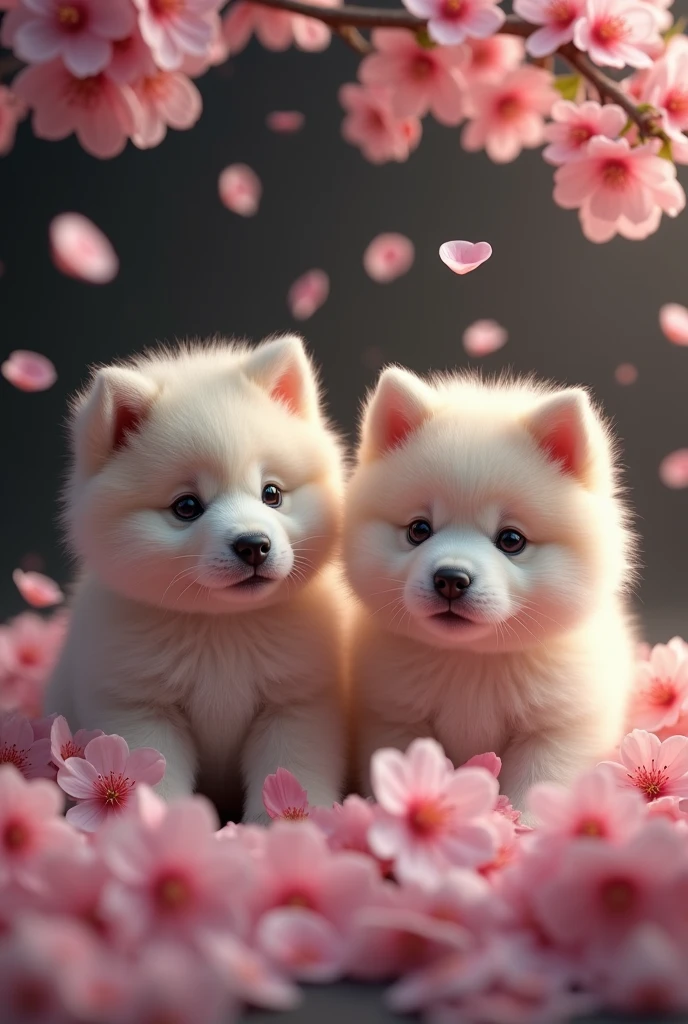 A captivating and surreal photographgraph of a cute extra fluffy two baby 秋田犬 rendering of ソメイヨシノ, Dark Background. feather, Bright colors,  The background provides sharp contrast、Engage your audience&#39;Note., photograph, 3D Rendering, Conceptual Art