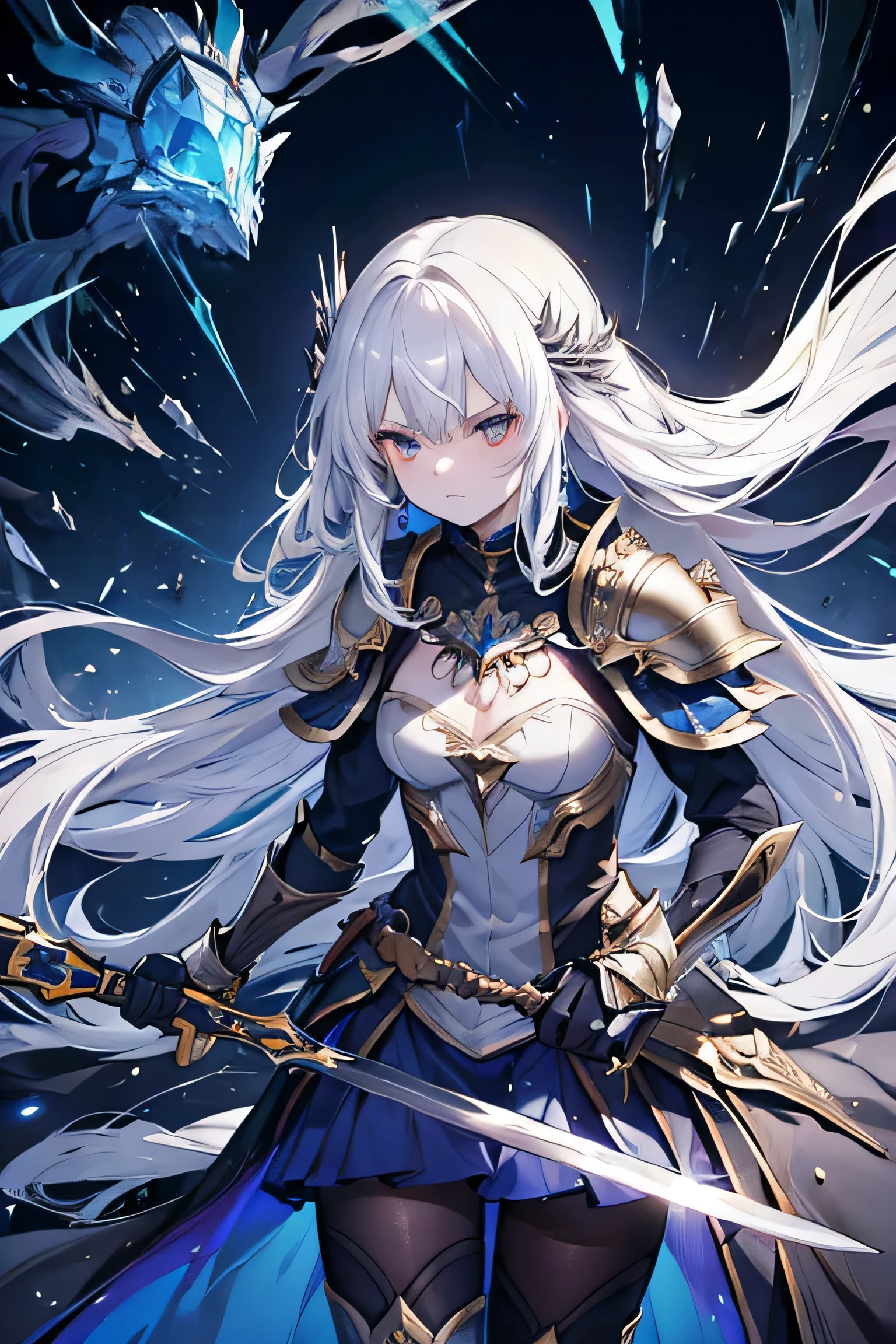 (masterpiece:1.5), Best Quality, very aesthetic, absurdities, 1 girl, Hero, male, 1, long messy hair, silver hair, Serious and angry expression, sweaty forehead, armor, chest plate, shoulder pads, gauntlets, kneepads, blue cape, holding the sword, leaning forward, swinging sword, 1 girl, Hermosa Heroina, female , long straight hair, flowing in the wind, silver hair, bright Eyes, silver dress with black, golden gemstones, blue cape, holding a silver sword, interior of a village house, broken walls, floor, Old furniture, luz outfit, Illuminated by magic and the reflection of the sword., pillars of fall, Scattered debris, sharp focus on subjects, vivid colors, animated style, Strain, excitement,