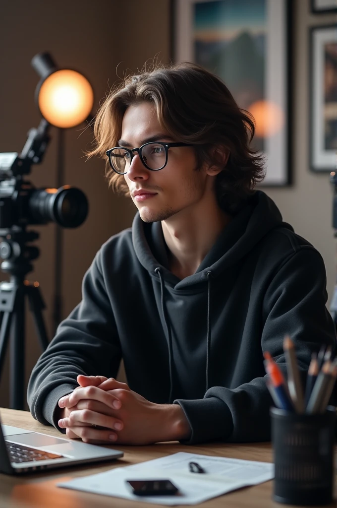 A young man with long, wavy hair and glasses sits at a desk, wearing a dark hoodie. He rests his hands on the table, which features a laptop, a smartphone, and a pen holder with pens. In the background, a camera on a tripod is pointed at him, accompanied by a circular light. Framed photographs are visible on the wall behind, adding to the creative ambiance of the scene.