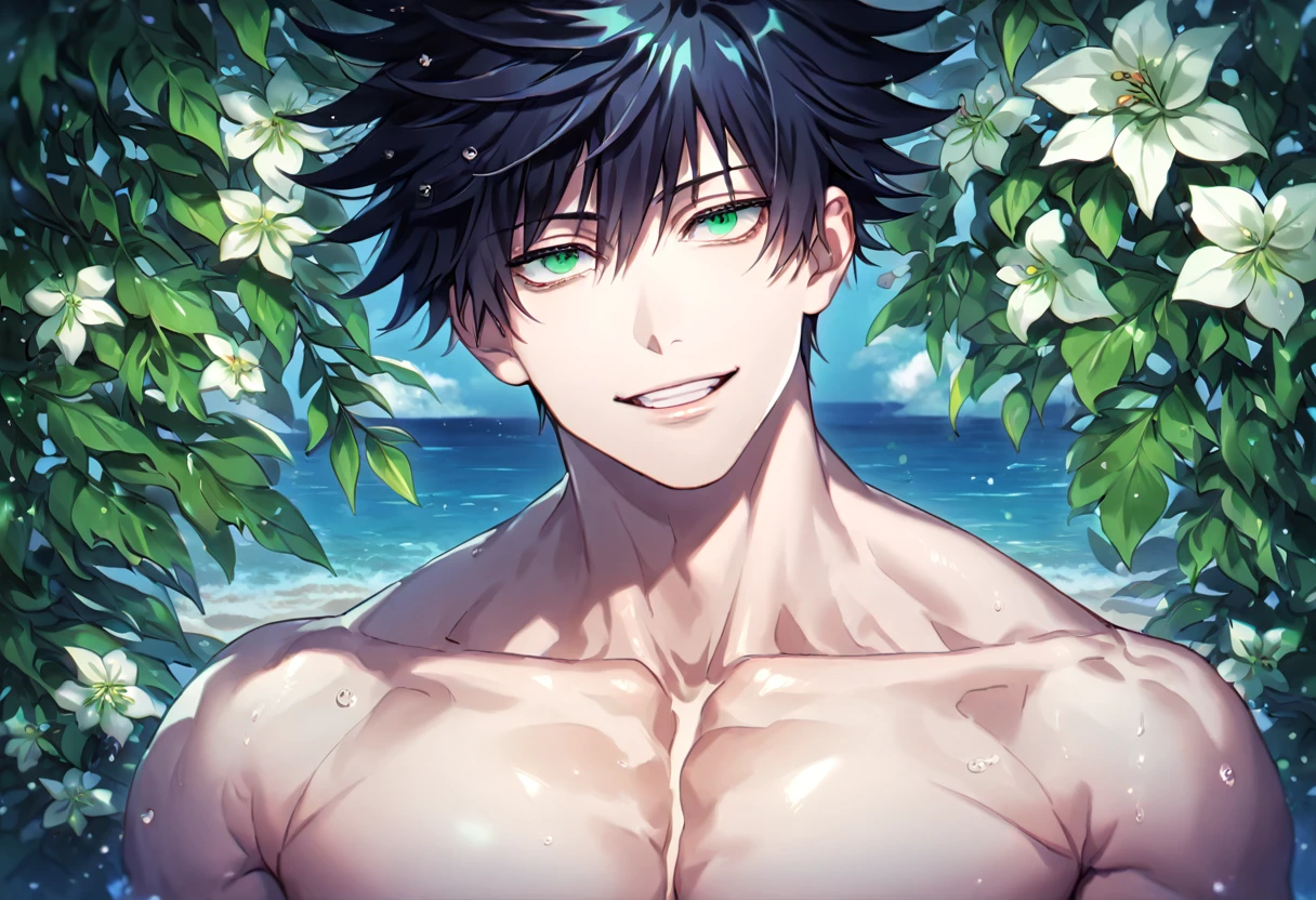 absurdres, highres, ultra detailed, HDR, master piece, Fushiguro Megumi, black hair, expressive green eyes, without shirt, Jujutsu Kaisen, toned chest, bare chest, sexy man, handsome, best quality, beach, fantasy, magical, solo, water, sensual, horny, green leaves, flowers, manly man, close up, handsome smile