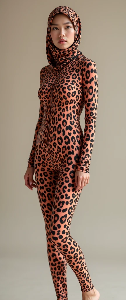 the beautiful,slender thin and prettiest Asian muslimah adult girl with beautiful cheeks wears margay print lycra turtleneck unitard catsuit covered with seamless spots and always wear margay print lycra elastane stretchy dance wear hijab covered with seamless spots.