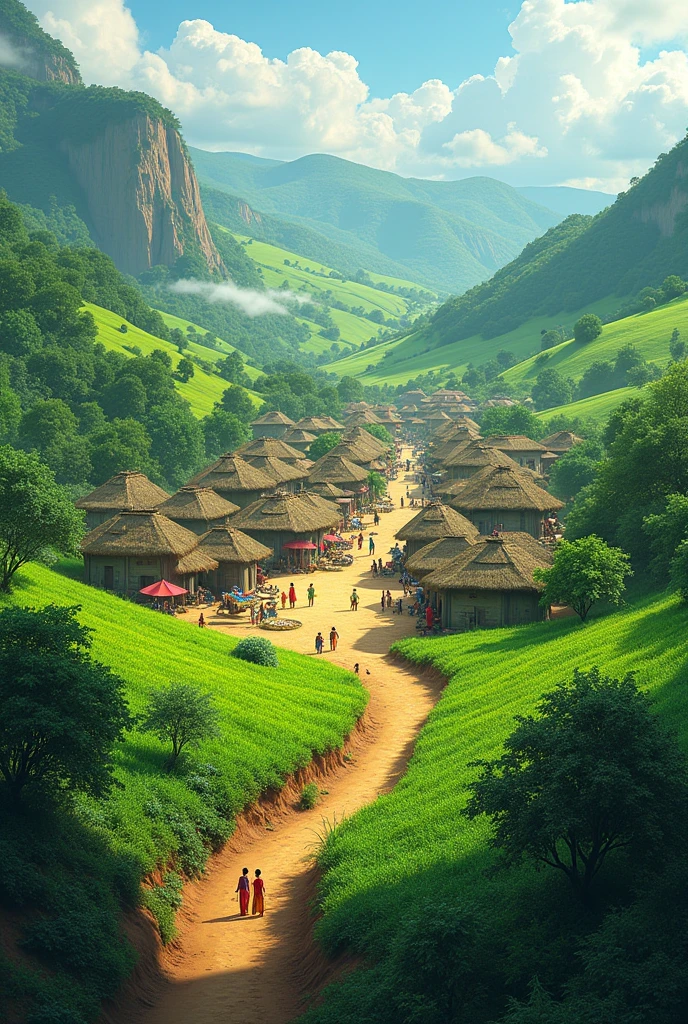 Generate an image that describes In the lush village of Kafara, nestled between rolling hills and emerald fields in an African setting
