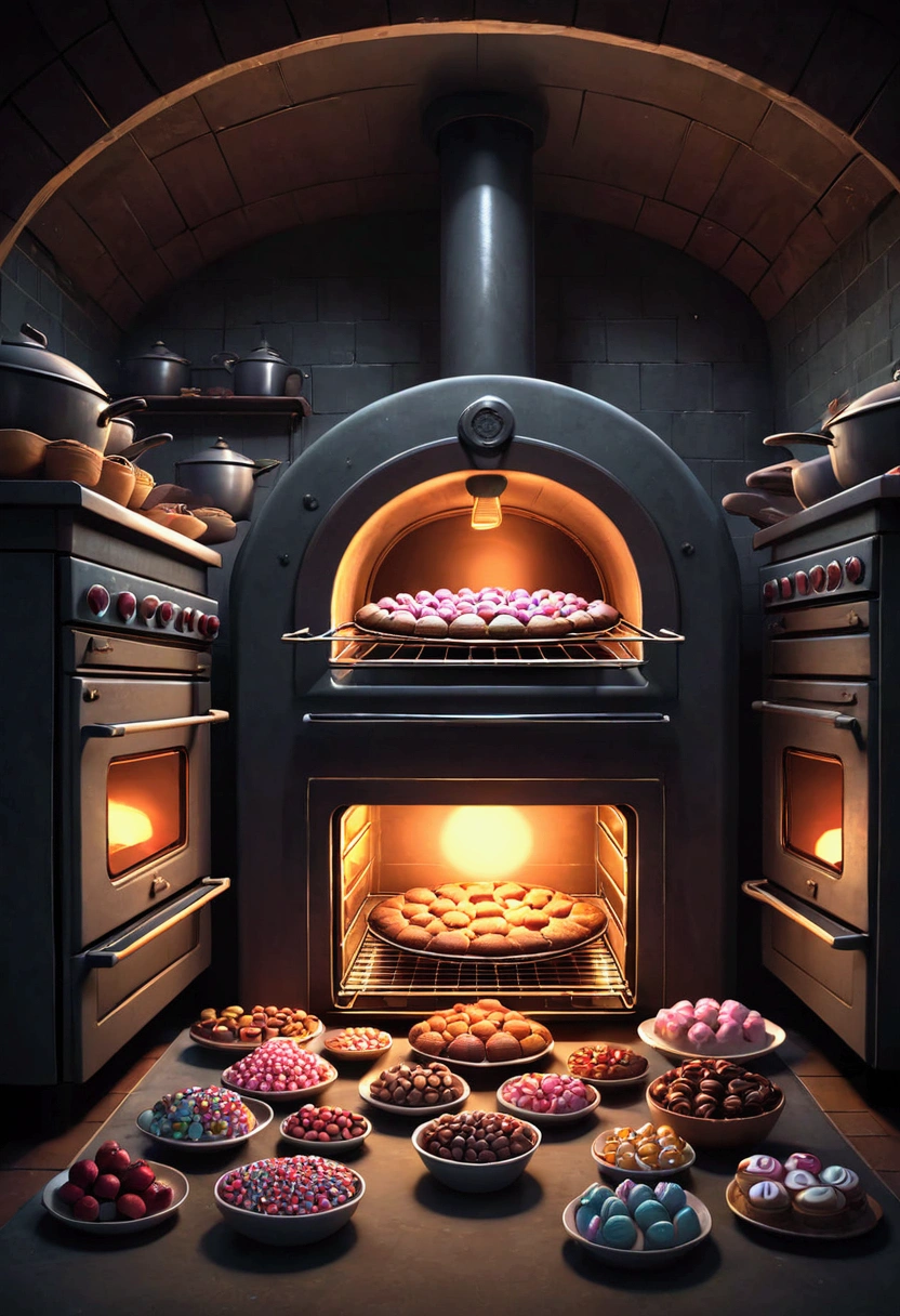 animation of a large oven in a house full of sweets, dark and gloomy environment