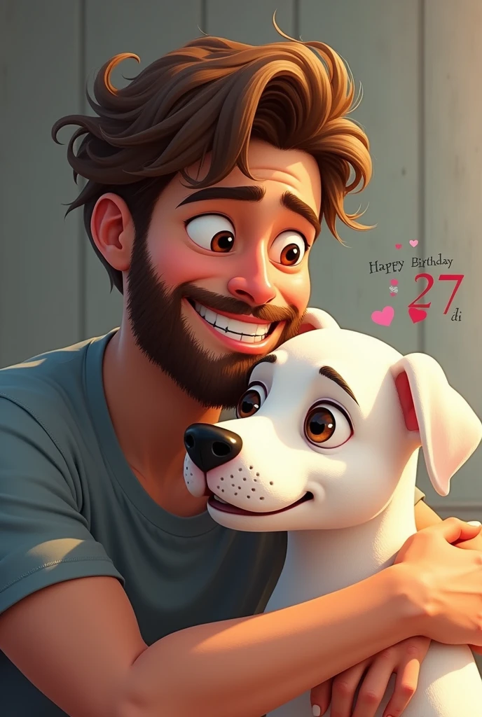 Young man with beard and a white pitbull dog. Honey colored eyes have the name Gaia and have a text that day happy birthday dad with an animated number 27