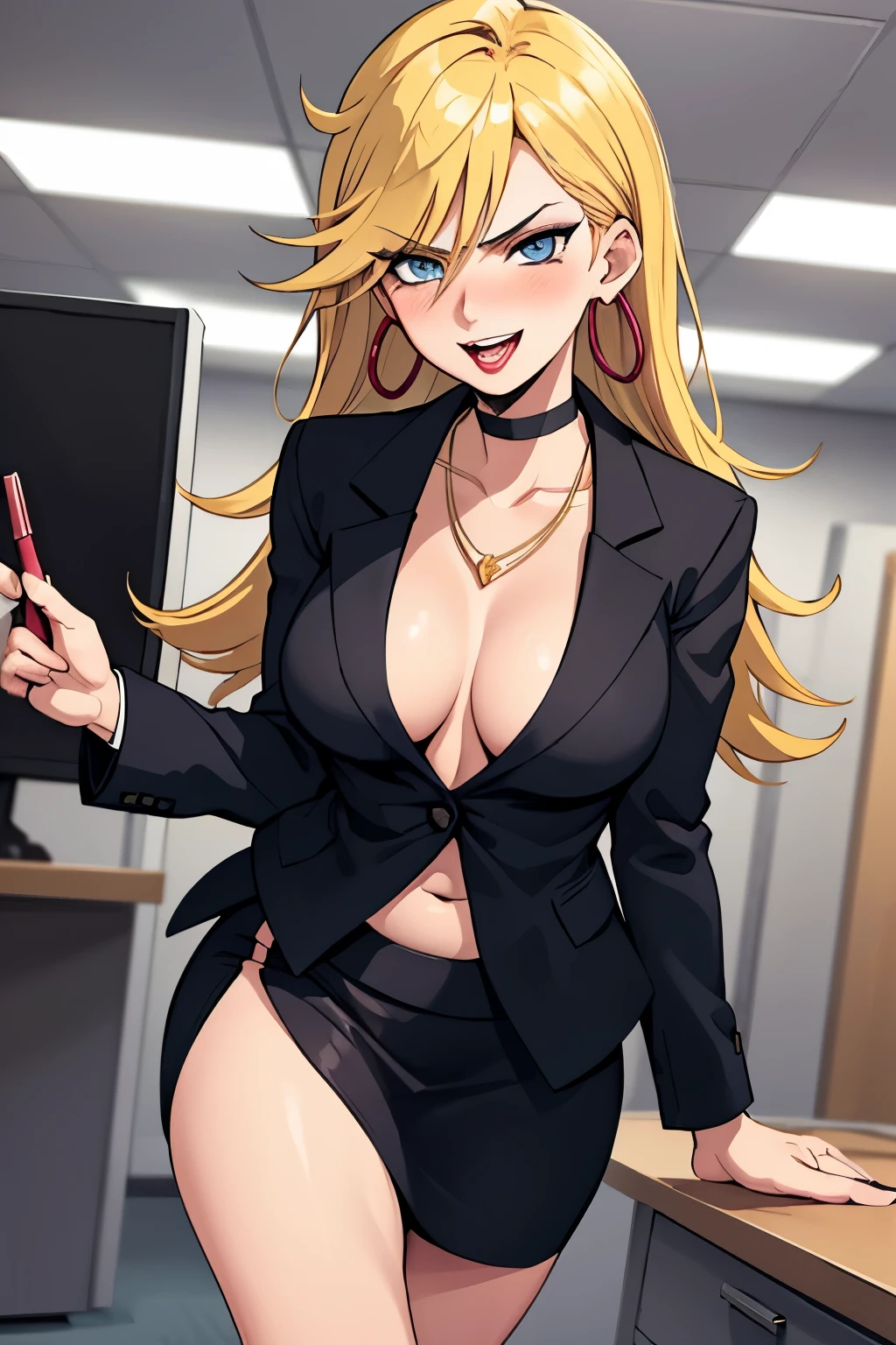 psgpanty, , hoop earrings, choker, blue eyes, blush, lipstick, long hair, Hot girl, baddie, staring, glaring, bad attitude, mean girl, crazy, smoking, masterpiece, best quality, highly detailed,breasts,skirt,cleavage,long hair,skirt
suit,suit,formal,jewelry,necklace,micro pencil skirt,jacket,smile,makeup,looking at viewer,business suit,
lipstick,office lady,mature female,micro miniskirt,indoor,office,office lady ,smile, open mouth, (nsfw) not
safe for work, holding a gun, evil expression, exposed belly, exposed navel, exposed midriff, exposed
lower belly , holding pistol,