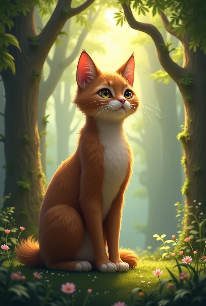 Make a brown cat stand on 2 legs in the forest