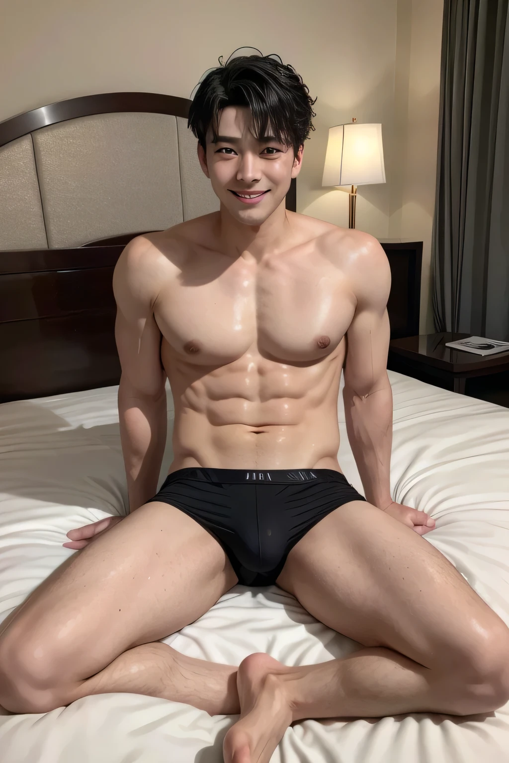Handsome man wearing black briefs、Luxury hotel bed、Sunburned Skin、A kind smile、whole body、Long legs、