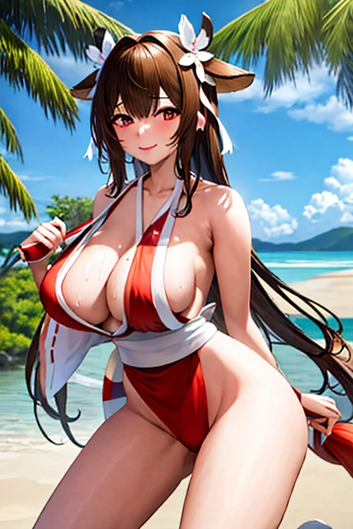 masterpiece, best quality, beautiful art, high resolution, well formed hands, body and fingers, 1 woman, solo, Kashino, red makeup, red lipstick,adult, grown up, cosplaying as Mai Shiranui , mai_shiranui_cosplay, adult, large and big breasted, cleavage, full body , hair ribbon, gorgeous legs and, thighs, sexy Japanese clothes, hair ornament , sexy and bare legs , hips and thighs, panties peek,she is doing exercise at the beach, seductive face, warming up, working out, sexy and captivating training, smiling joyfully and happily , looking at the viewer, close up on her bouncing breasts and bare legs and thighs, sweating , bouncing breasts, training montage session, beach environment