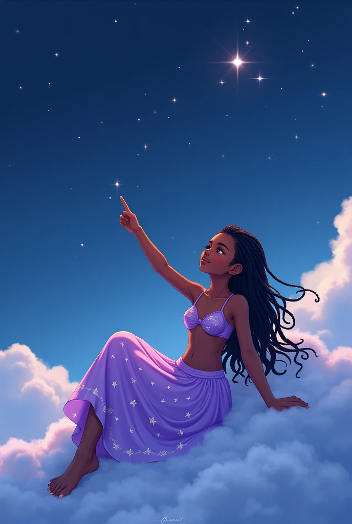  black girl sleeping on top of a cloud in the sky pointing at the stars with long black braids wearing a bikini dress with a lavender colored skirt with stars 