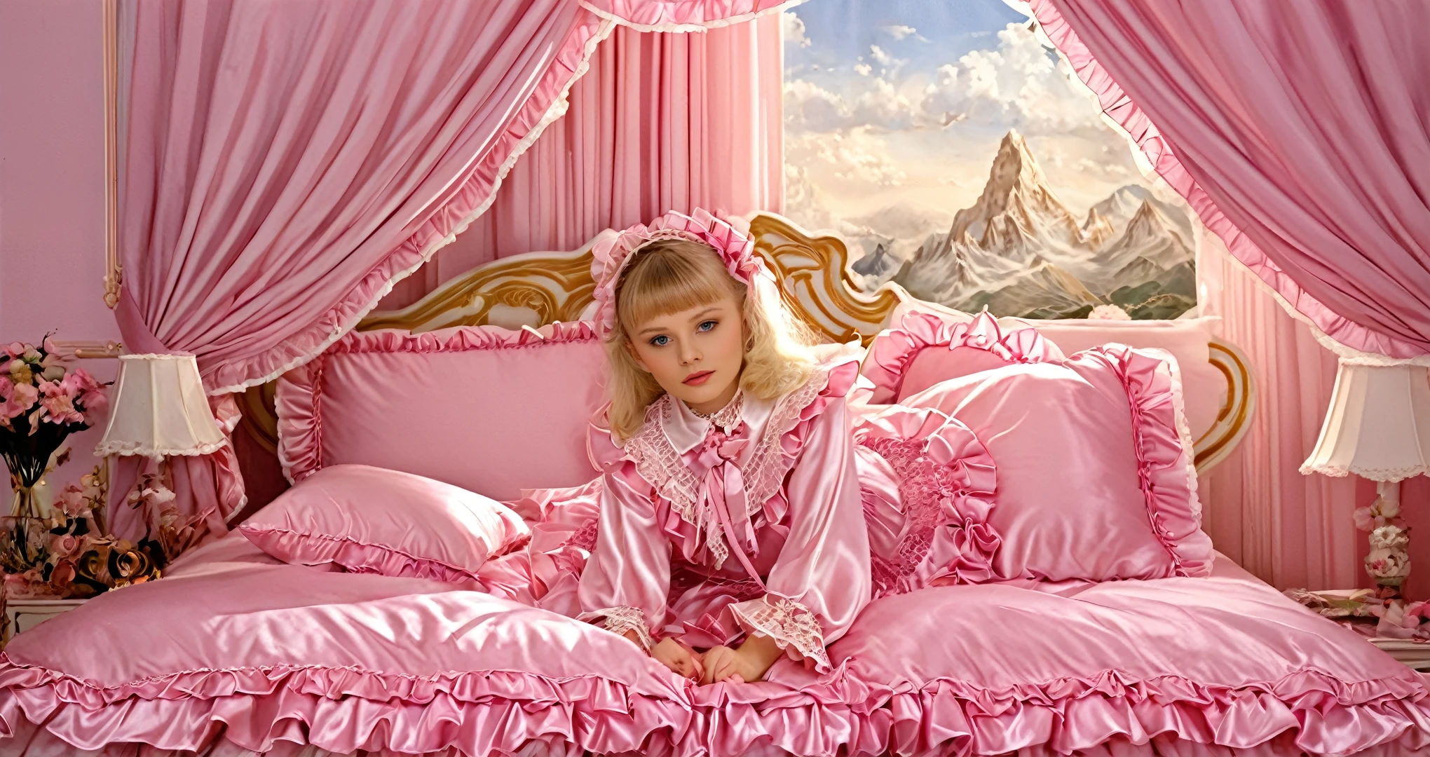 Beautifull 1girl on the bed,,detailed baby face,sma pink silklled blouse and skirt,medium dress,detailed ribbons,detailed lace petticoat,frilled sleeves,,a bed with a mountain of silk satin pillows,canopy bed,king size bed,more big bed,lot of silk satin frilled pillows,more pillows, A plump qulited silk satin soft duvet,duvet decorated ribbons, ruffles lace silk.retro white pipe bed frame, realistic, blue eyes, rolled long blond hear,