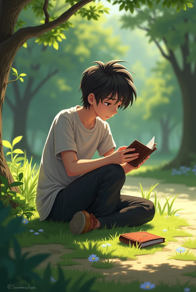 A boy reading a book  under tree