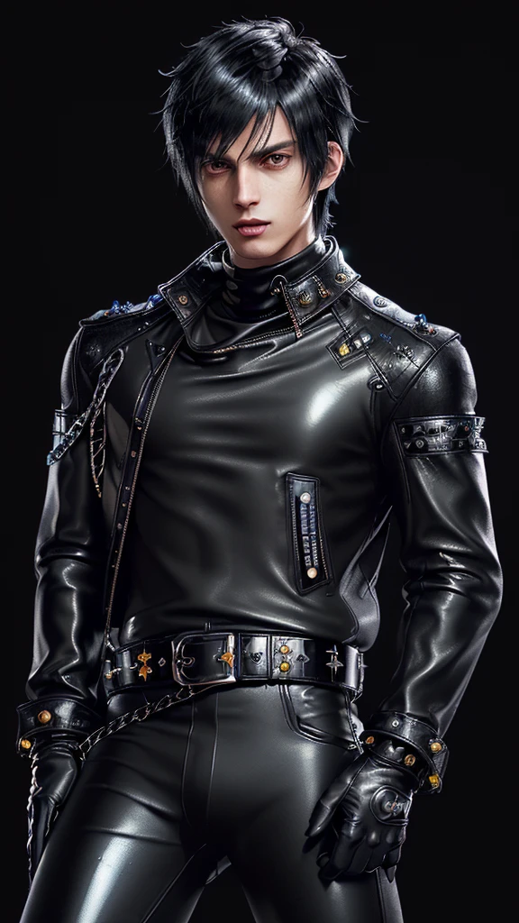 ((Final fantasy taste and reality graphics)), ((Japanese young cute and cool ikemen  boy)), his age is early 20s, thin eyebrows and beady eyes,  ((((he wearing black color and  shining brightly enamel leather thick single-brest  jacket)))), ((with epaulet)), ((enamel leather jacket close all zippers)),, ,(( jacket collar is high length stand-up collar with belts)), jacket is a little black line pattern,close the front of the jacket, (((also wearing black color turtleneck shining brightly enamel leather shirts))),  (((tight black and shining brightly enamel leather pants))), ((((shining brightly black enamel leather tight and thin glove)))), ((black color and shining brightly leather knee-high raceup boots)),head-to-toe, whole body, boy looks like fashion model,Do not show skin from the neck down,(((all his clothes are smooth design and very shining)))