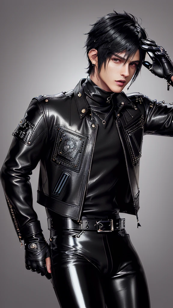 ((Final fantasy taste and reality graphics)), ((Japanese young cute and cool ikemen boy)), his age is early 20s, thin eyebrows and beady eyes, ((((he wearing black color and shining brightly enamel leather thick single-brest jacket)))), ((with epaulet)), ((enamel leather jacket close all zippers)),, ,(( jacket collar is high length stand-up collar with belts)), jacket is a little black line pattern,close the front of the jacket, (((also wearing black color turtleneck shining brightly enamel leather shirts))), (((tight black and shining brightly enamel leather pants))), ((((shining brightly black enamel leather tight and thin glove)))), ((black color and shining brightly leather knee-high raceup boots)),head-to-toe, whole body, boy looks like fashion model,Do not show skin from the neck down,(((all his clothes are smooth design and very shining)))