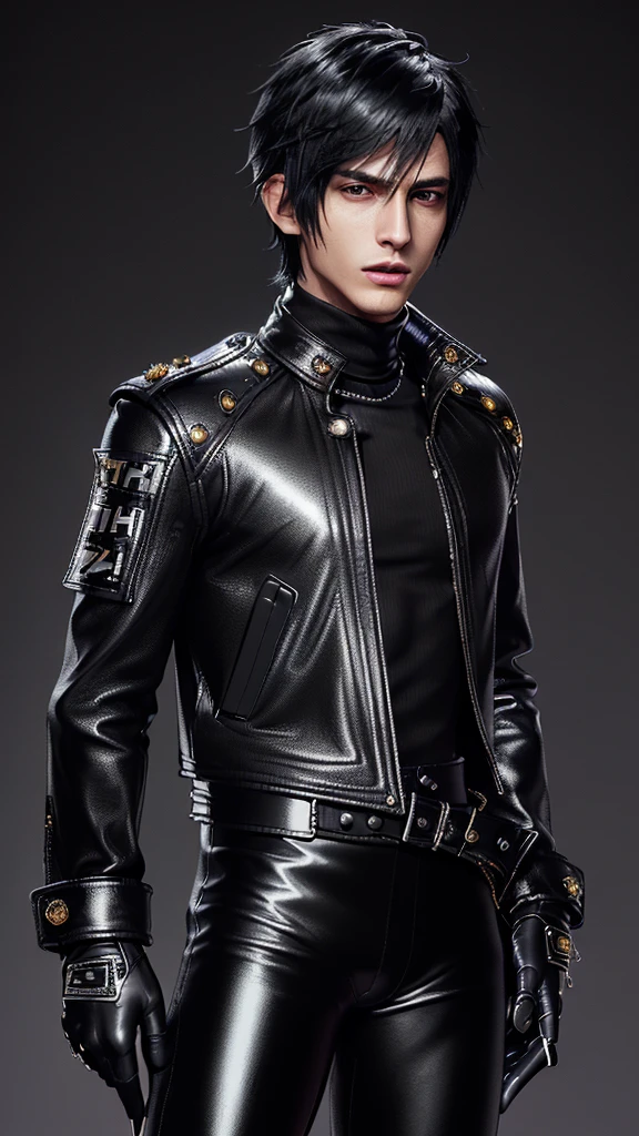 ((Final fantasy taste and reality graphics)), ((Japanese young cute and cool ikemen boy)), his age is early 20s, thin eyebrows and beady eyes, ((((he wearing black color and shining brightly enamel leather thick single-brest jacket)))), ((with epaulet)), ((enamel leather jacket close all zippers)),, ,(( jacket collar is high length stand-up collar with belts)), jacket is a little black line pattern,close the front of the jacket, (((also wearing black color turtleneck shining brightly enamel leather shirts))), (((tight black and shining brightly enamel leather pants))), ((((shining brightly black enamel leather tight and thin glove)))), ((black color and shining brightly leather knee-high raceup boots)),head-to-toe, whole body, boy looks like fashion model,Do not show skin from the neck down,(((all his clothes are smooth design and very shining)))