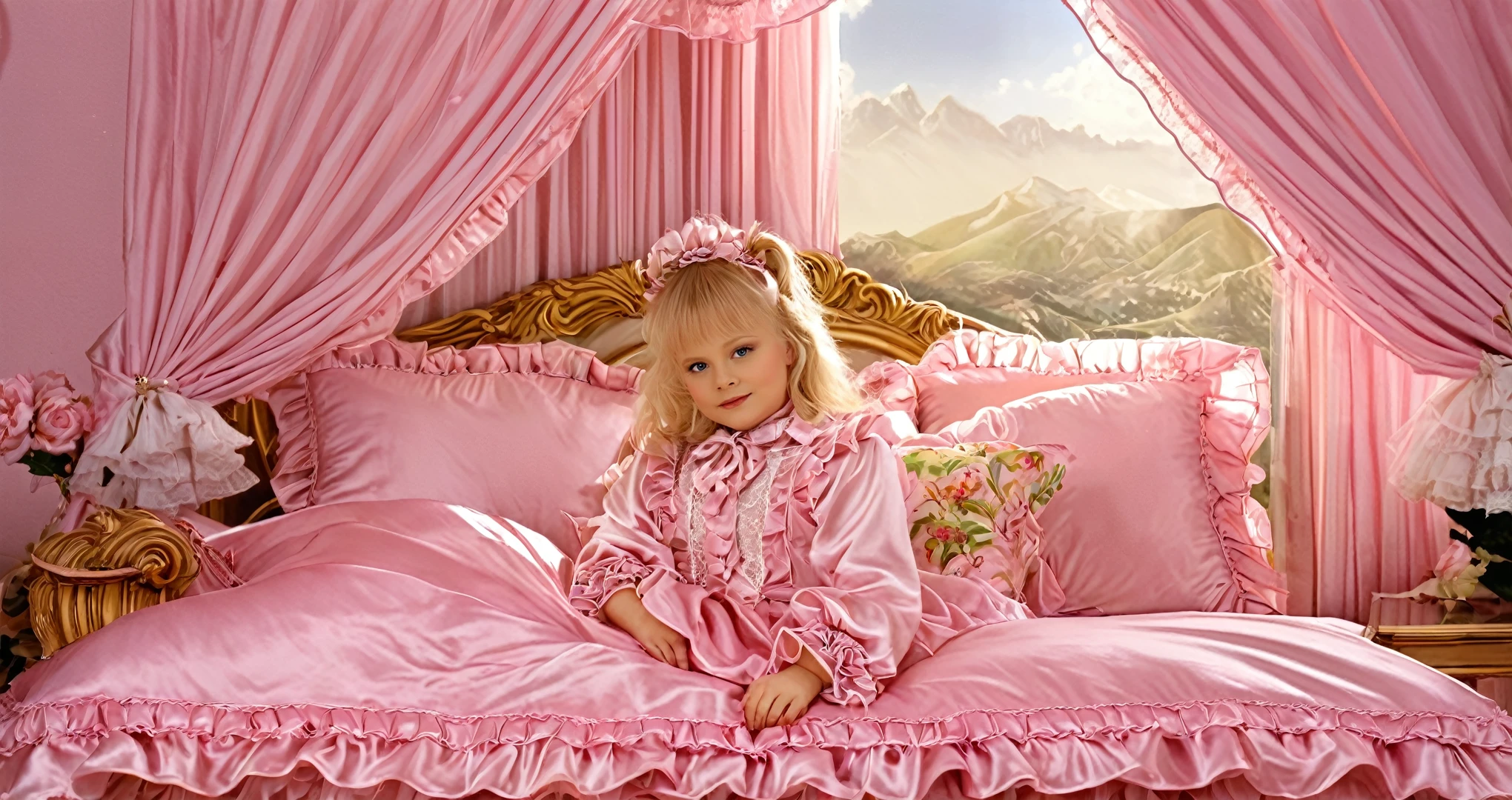 Beautifull 1girl on the bed,,detailed baby face,sma pink silklled blouse and skirt,medium dress,detailed ribbons,detailed lace petticoat,frilled sleeves,,a bed with a mountain of silk satin pillows,canopy bed,king size bed,more big bed,lot of silk satin frilled pillows,more pillows, A plump qulited silk satin soft duvet,duvet decorated ribbons, ruffles lace silk.retro white pipe bed frame, realistic, blue eyes, rolled long blond hear,