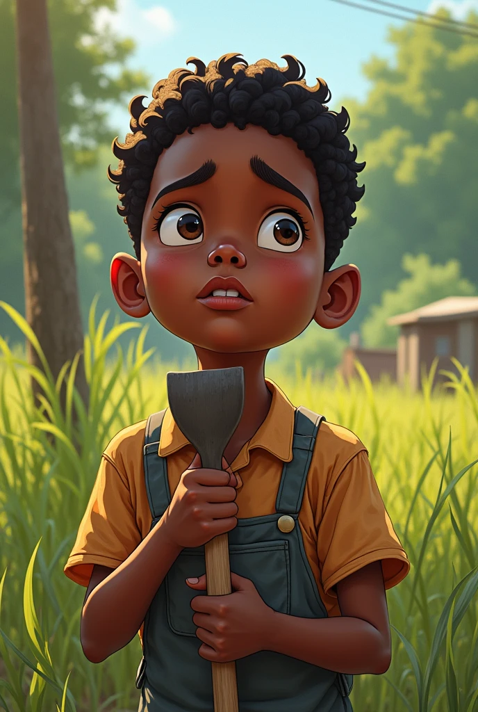 Dark skinned boy looking up with bored face and holding a hoe, seen from the front, beautiful and lively illustration, and also expressive, normal clothes