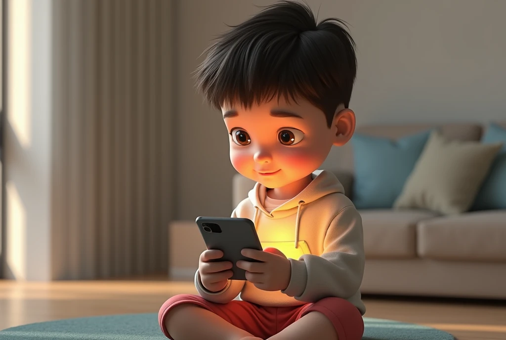 I need a drawing of a single child using a phone. Please make the drawings in 3D.