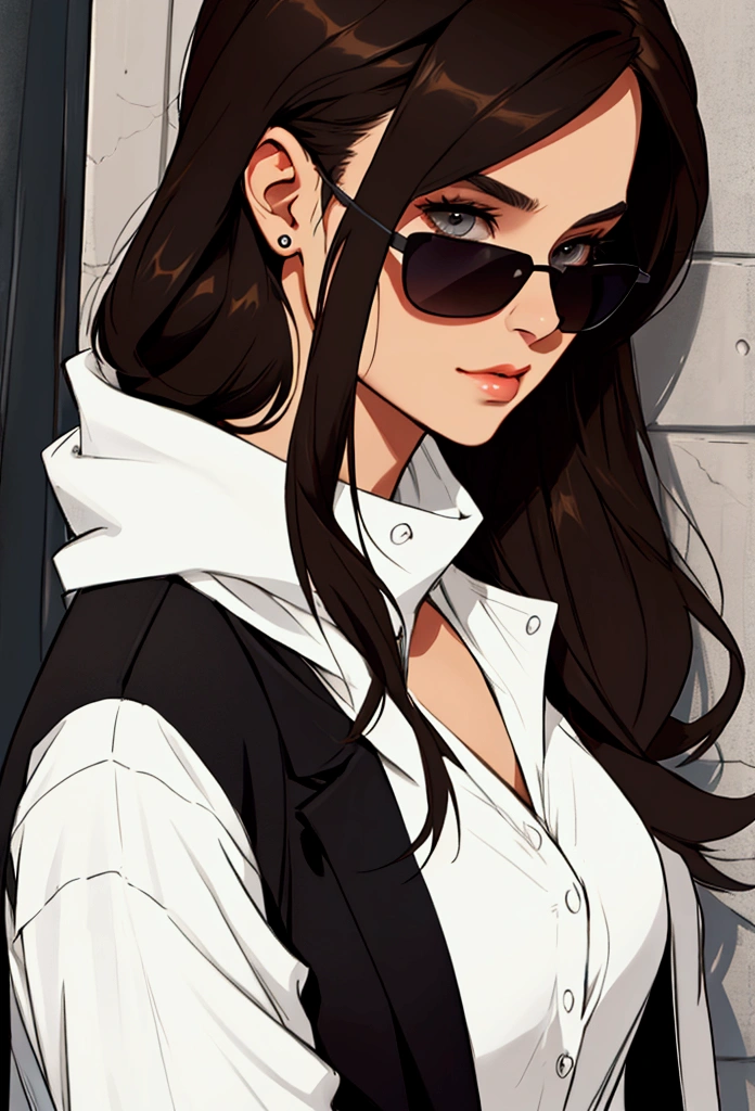 Create profile of young woman with dark brown hair, to wear black sunglasses