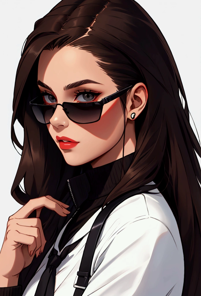 Create profile of young woman with dark brown hair, to wear black sunglasses