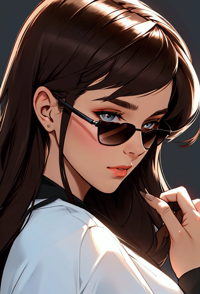 Create profile of young woman with dark brown hair, to wear black sunglasses