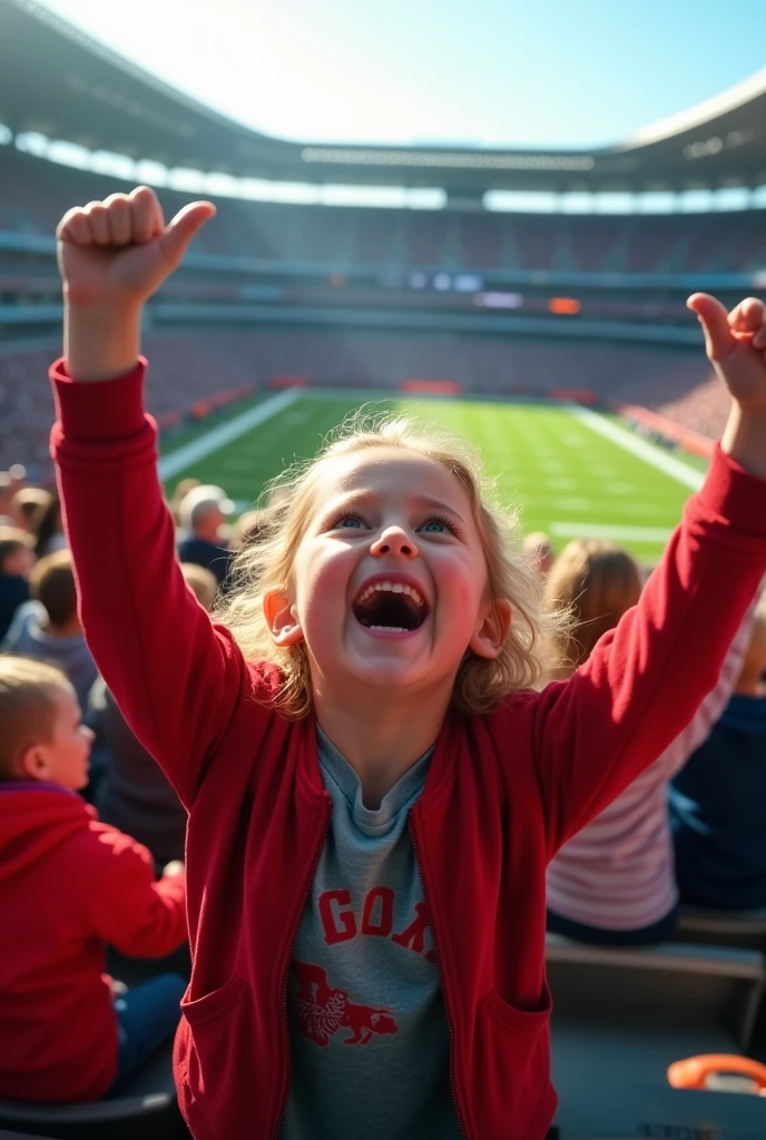 Children in an American football stadium, cheering in the stands, Looking towards the camera.